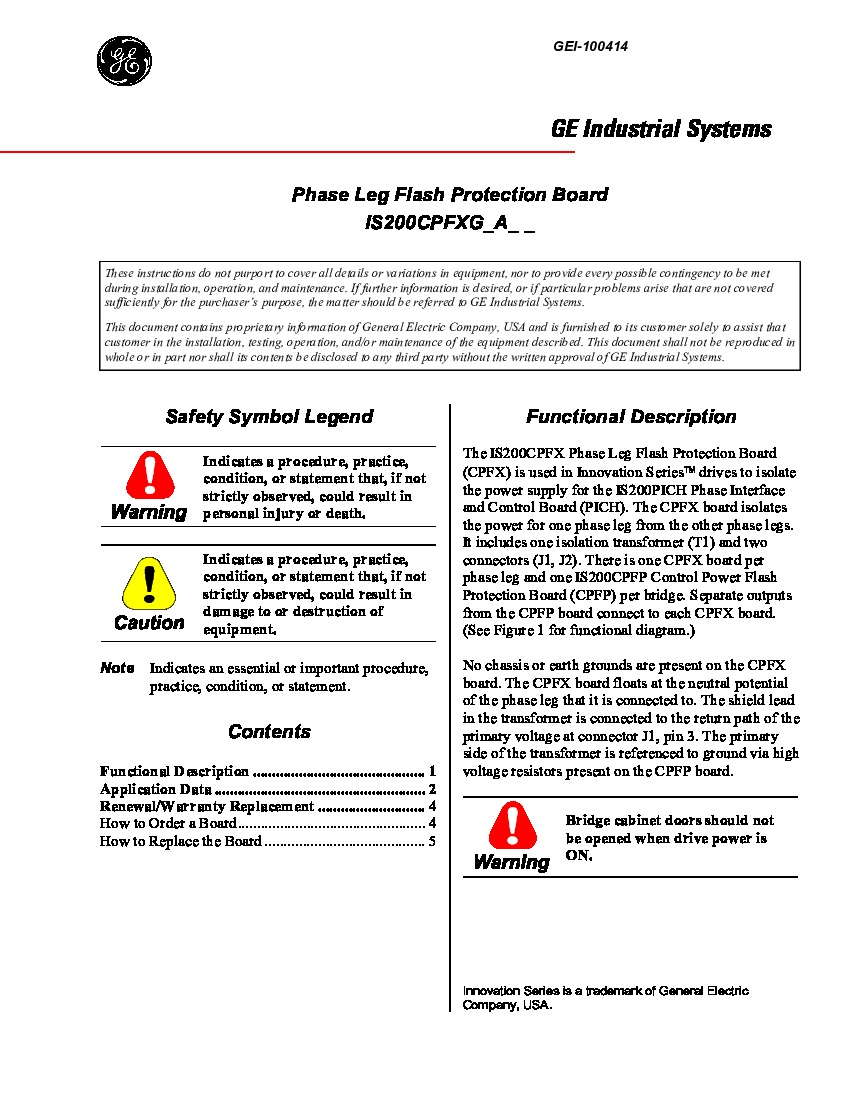 First Page Image of IS200CPFXG Phase Leg Flash Protection Board GEI-100414.pdf